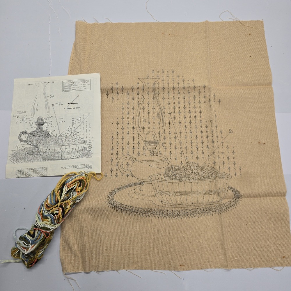 Vintage Bucilla Needlecraft Kit 3531 Stamped Crewel Embroidery Oil Lamp Knitting